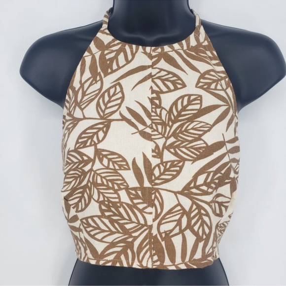 House of Harlow 1960 Linen Halter Neck Cropped Top Leaf Print Smocked Size: 10 - Picture 5 of 7